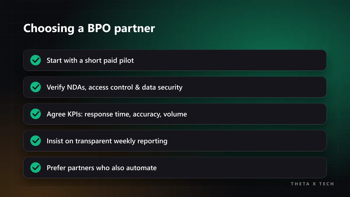 Checklist for choosing a BPO partner: paid pilot, data security, clear KPIs, weekly reporting and automation expertise